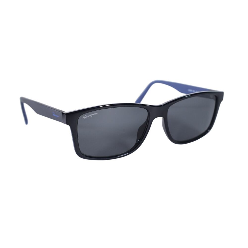 Salvatore Ferragamo Mens Rectangle Designer Sunglasses Black Blue Grey Lens–NWT